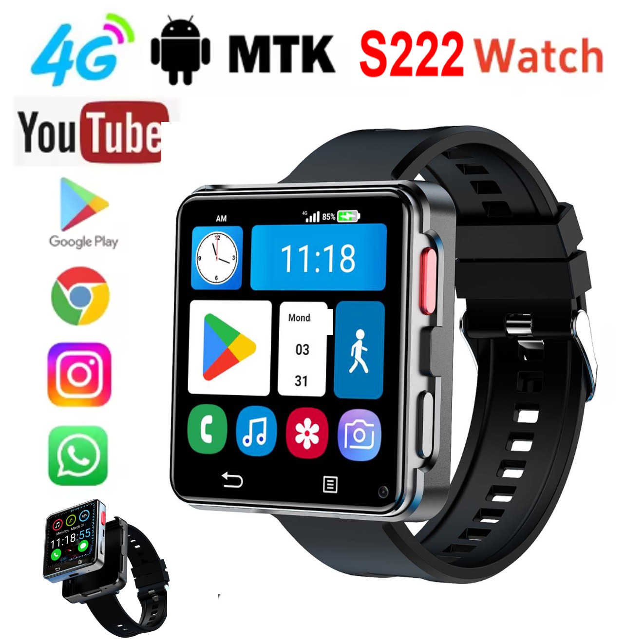 Smart Watch - S222 Smartwatch 4G SIM-kaart 4GB RAM